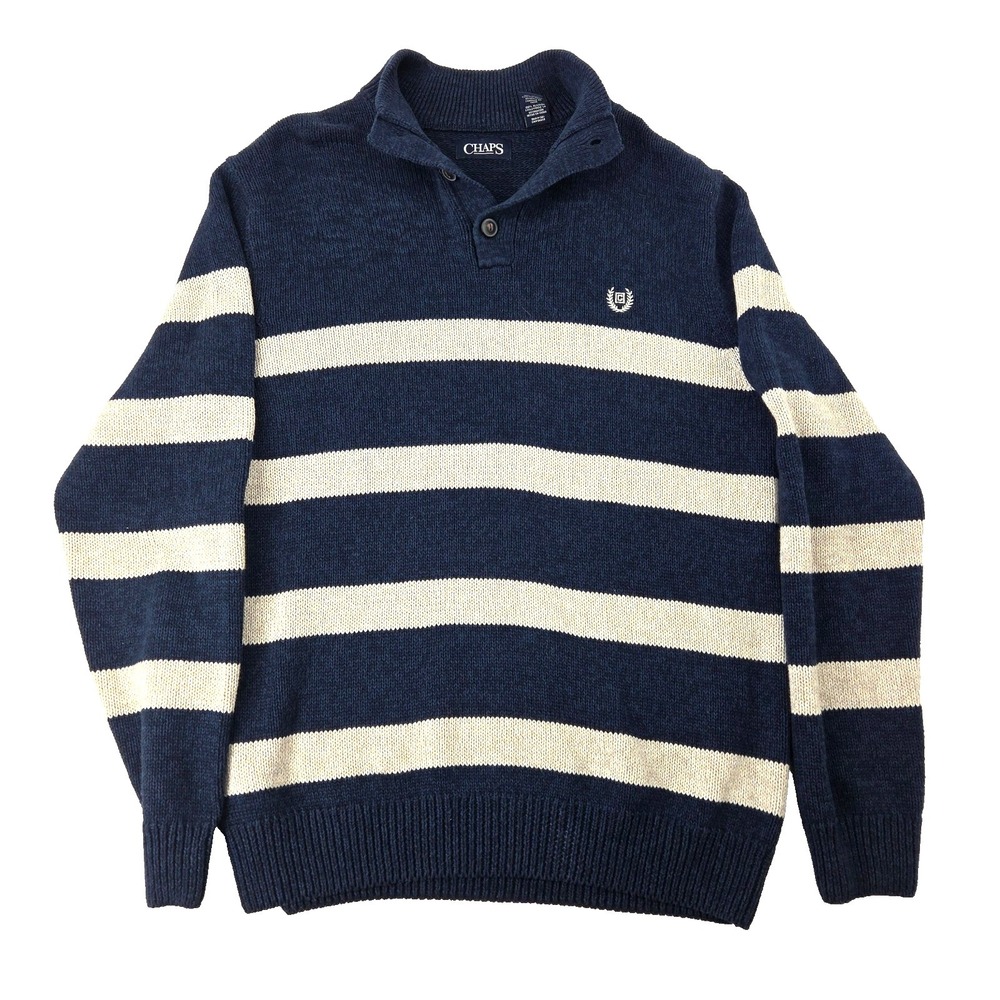 Chaps Men's 100% Cotton Striped Henley Sweater Sz Lg Blue Good Shape